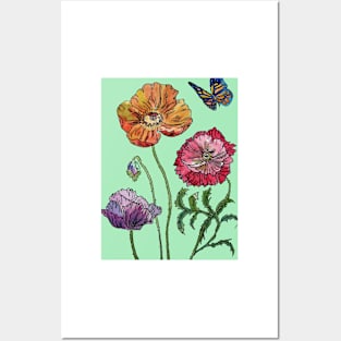 Pretty Poppies Watercolor on Mint Green Posters and Art